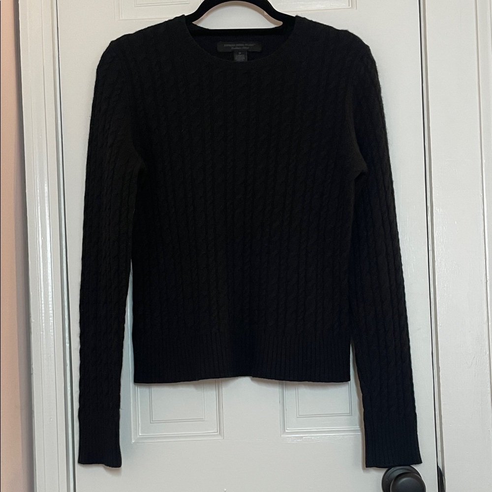 EXPRESS, Cashmere Blend, Wool, Cable Knit Crewneck Sweater, Black, Size Medium